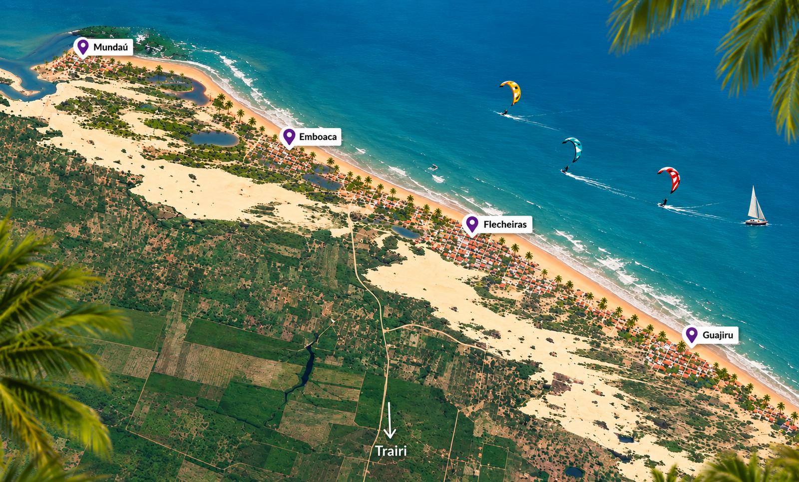 Vista aérea do litoral de Trairi, no Ceará, com Mundaú, Emboaca, Flecheiras e Guajiru, praias, dunas, coqueiros e kitesurfistas no mar