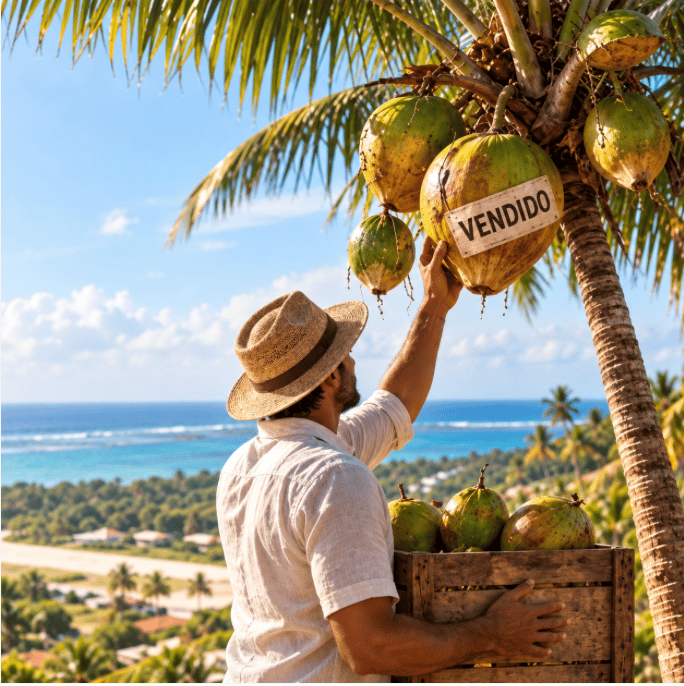 Homem colhendo cocos marcados VENDIDO com a costa do Ceará ao fundo