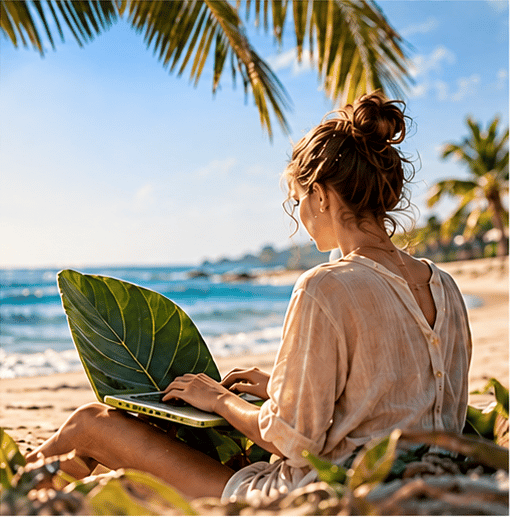 Mulher trabalhando na praia com um notebook em forma de folha de palmeira