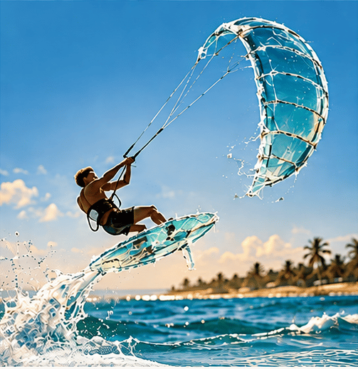 Kitesurfista sobre o mar de Flecheiras com a pipa formada por água