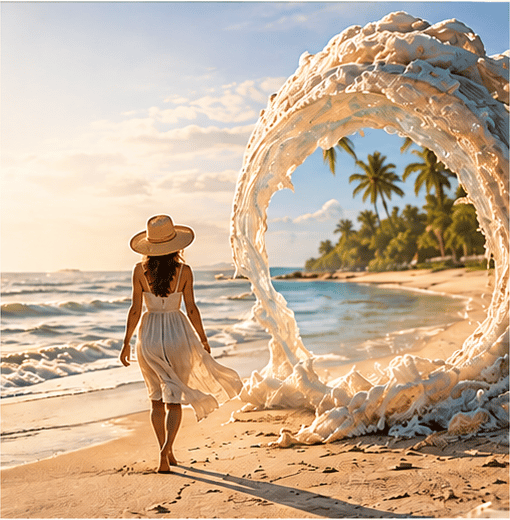 Mulher caminhando na beira-mar diante de um portal formado por uma onda