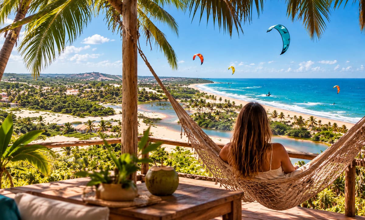 Rede numa varanda de madeira com água de coco, palmeiras e vista para a praia com kitesurfistas no mar